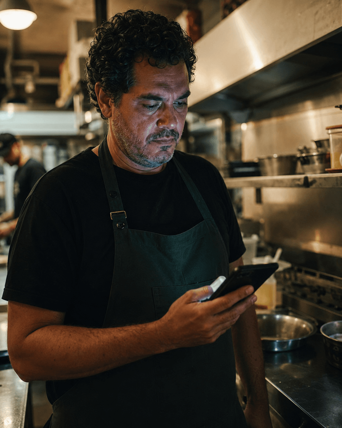 Dono de restaurante conferindo o repasse no celular, na cozinha da loja